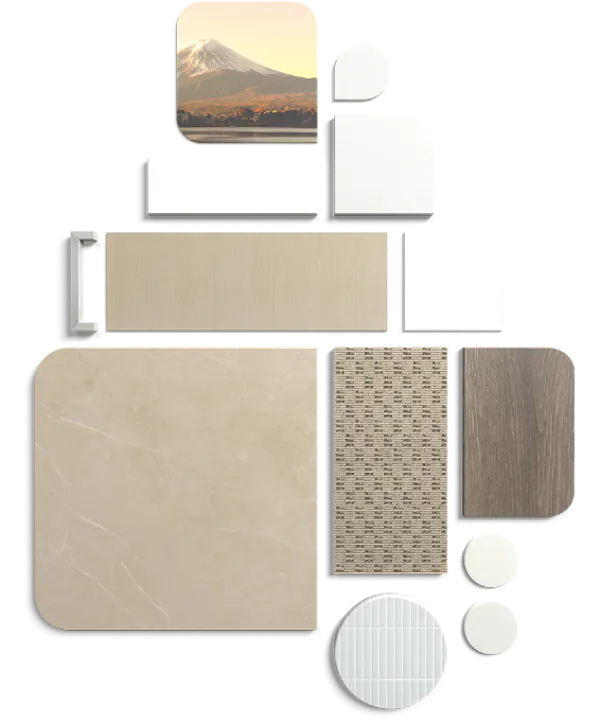 Japandi Master Colour Style flat lay of materials and finishes
